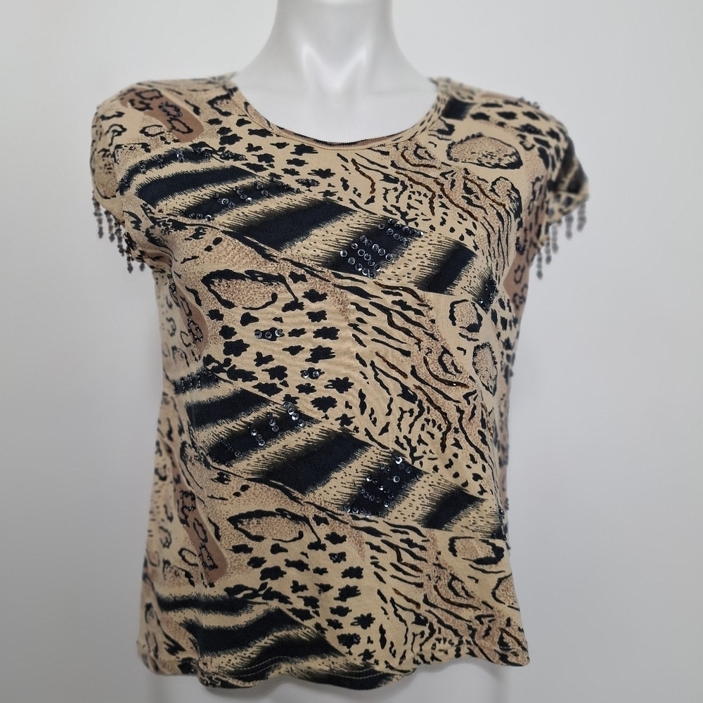 Lola P Animal Print Boho Fairy Beaded Short-Sleeve Top Size M